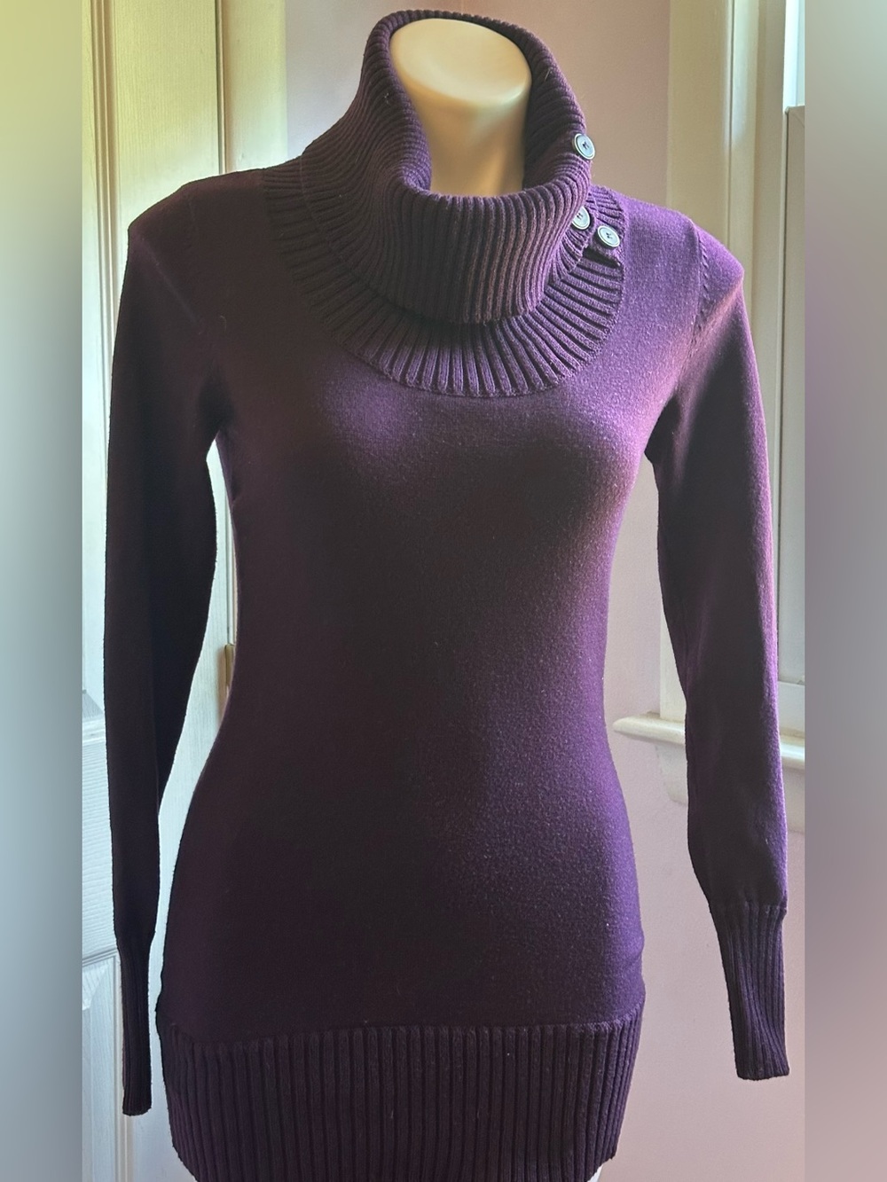 The Limited Long Deep Purple Cowl Neck Sweater with Button Detail Neck Line Sz S